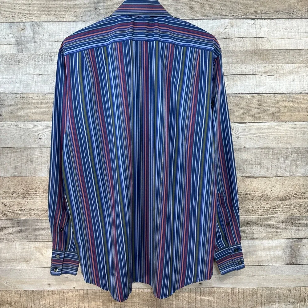 Banana Republic Mens Navy Red Green Stripe Button Up Dress‎ Shirt Large Cotton